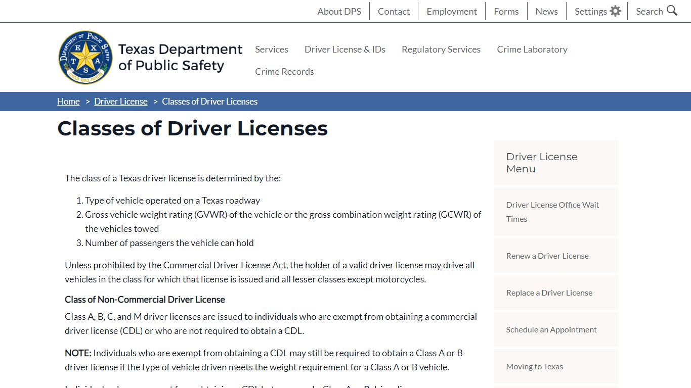 Classes of Driver Licenses | Department of Public Safety